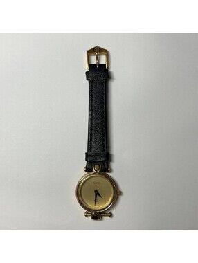 Vintage Gucci 4500L Women’s Watch Swiss Made Gold Tone Black Leather Strap